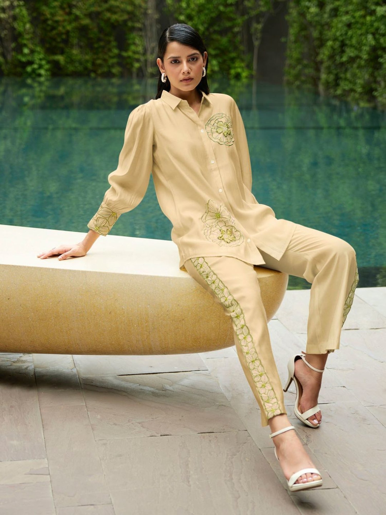 Kaftanize Kiaa Yellow Creme Applique and Embroidered Shirt with Pant