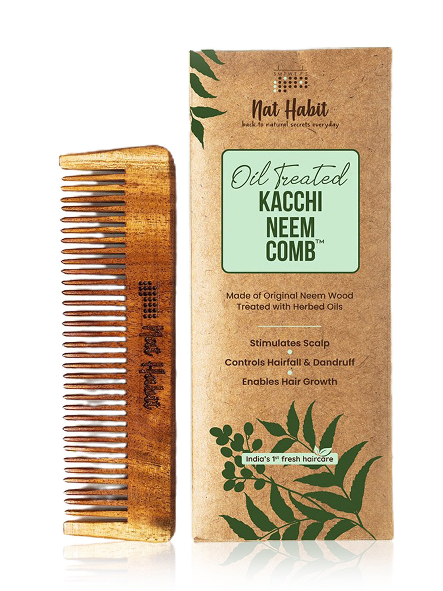 Nat Habit Kacchi Neem Wodden Fine Tooth Pocket Comb - Pack of 2