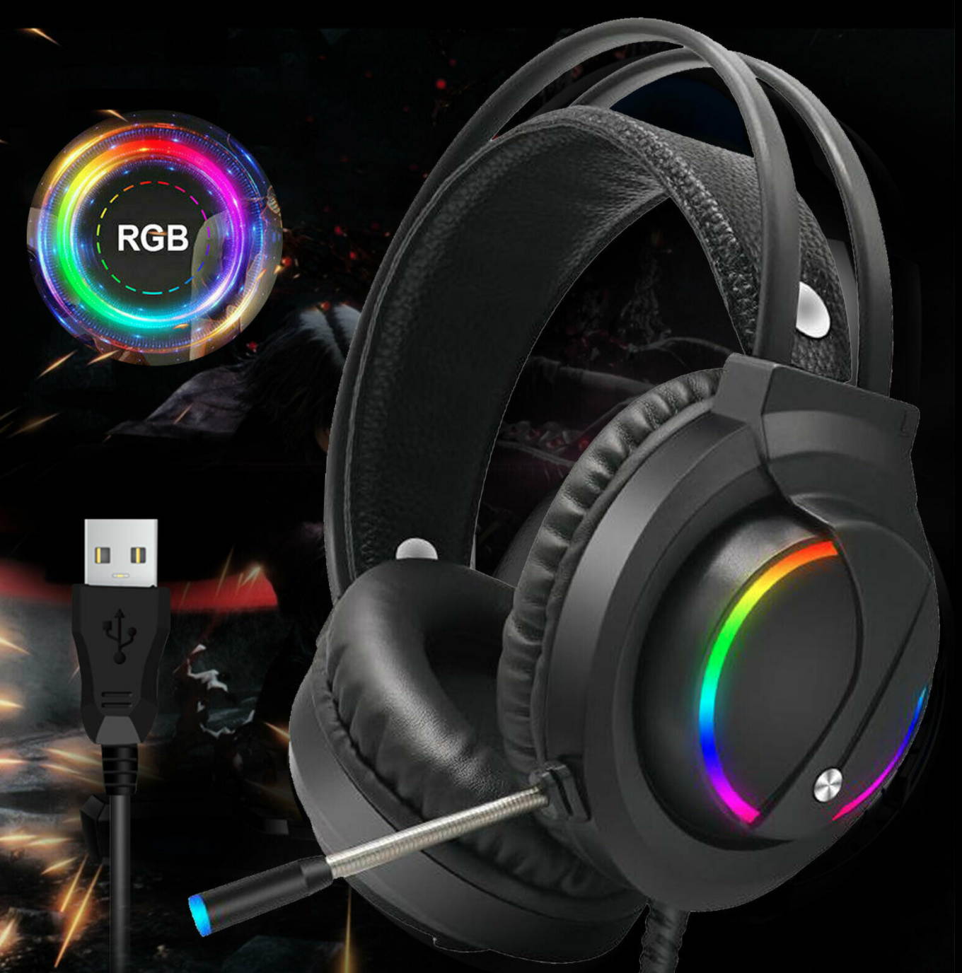 Gaming Headset RGB Surround Sound Mic 7.1 USB Headphones W/Cable For PS4 Laptop