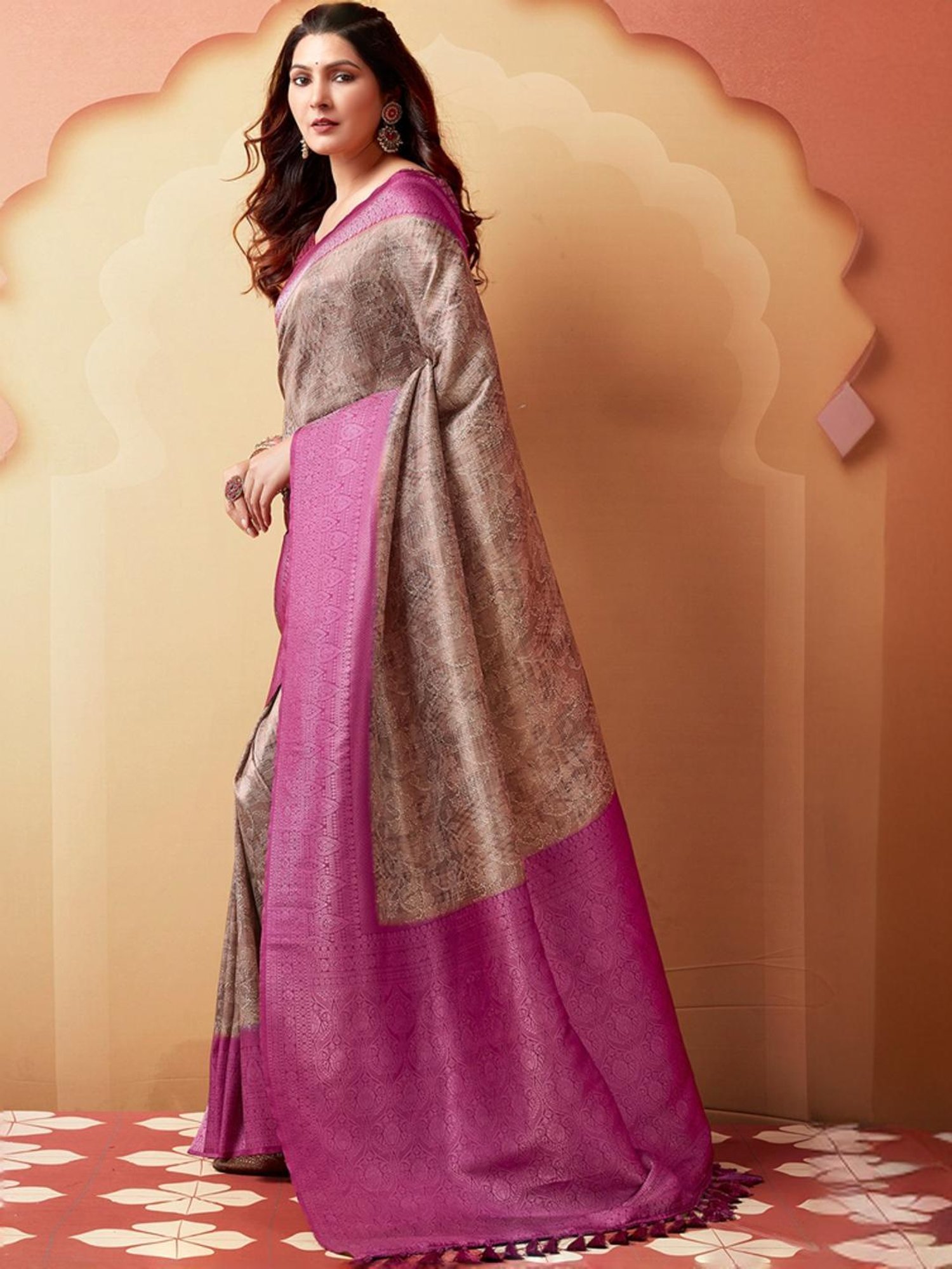 Satrani Brown & Purple Woven Saree With Unstitched Blouse