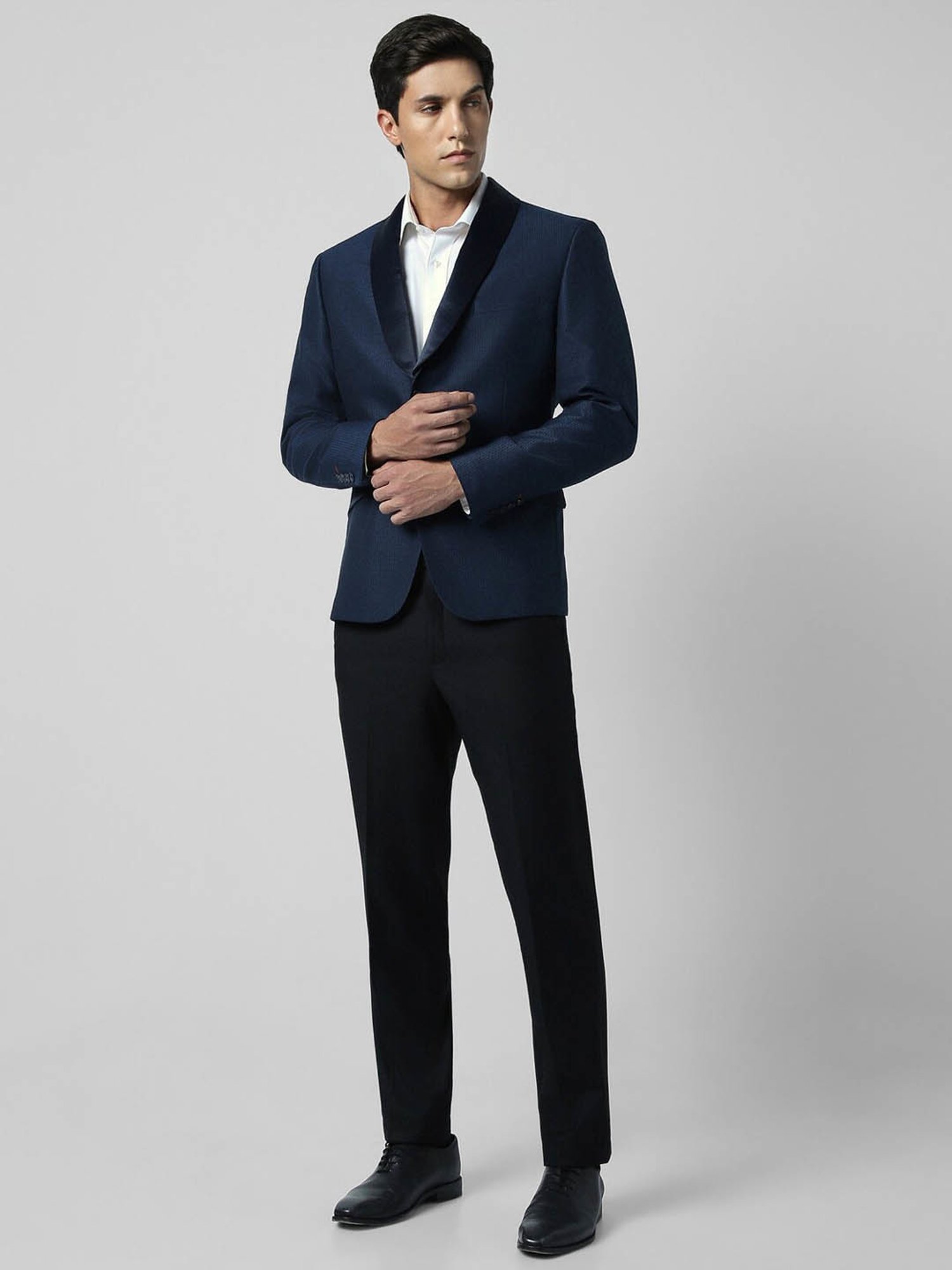V Dot Shine Navy Skinny Fit Blazer
