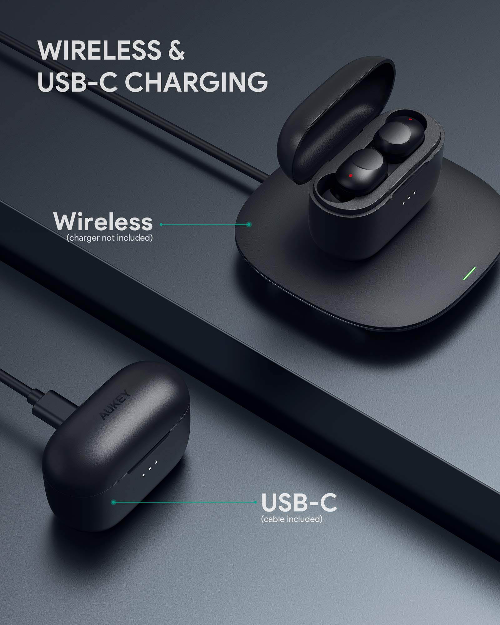 AUKEY EP-T31 True Wireless Earbuds, Bluetooth 5 Headphones Wireless Charging Case, in-Ear Detection, 30H Playtime, IPX5 Water Resistance, Type-C Low Latency Stereo Earphones for iPhones Android Black