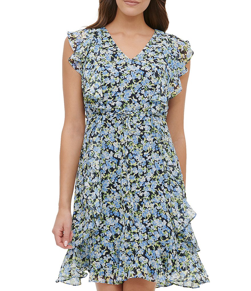Tommy Hilfiger Floral Print Chiffon Ruffle Sheath Dress