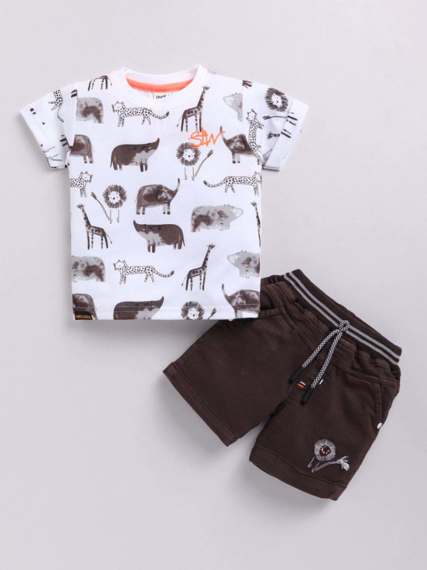 UNO KIDS Boys Brown & White Printed Top & Short sets