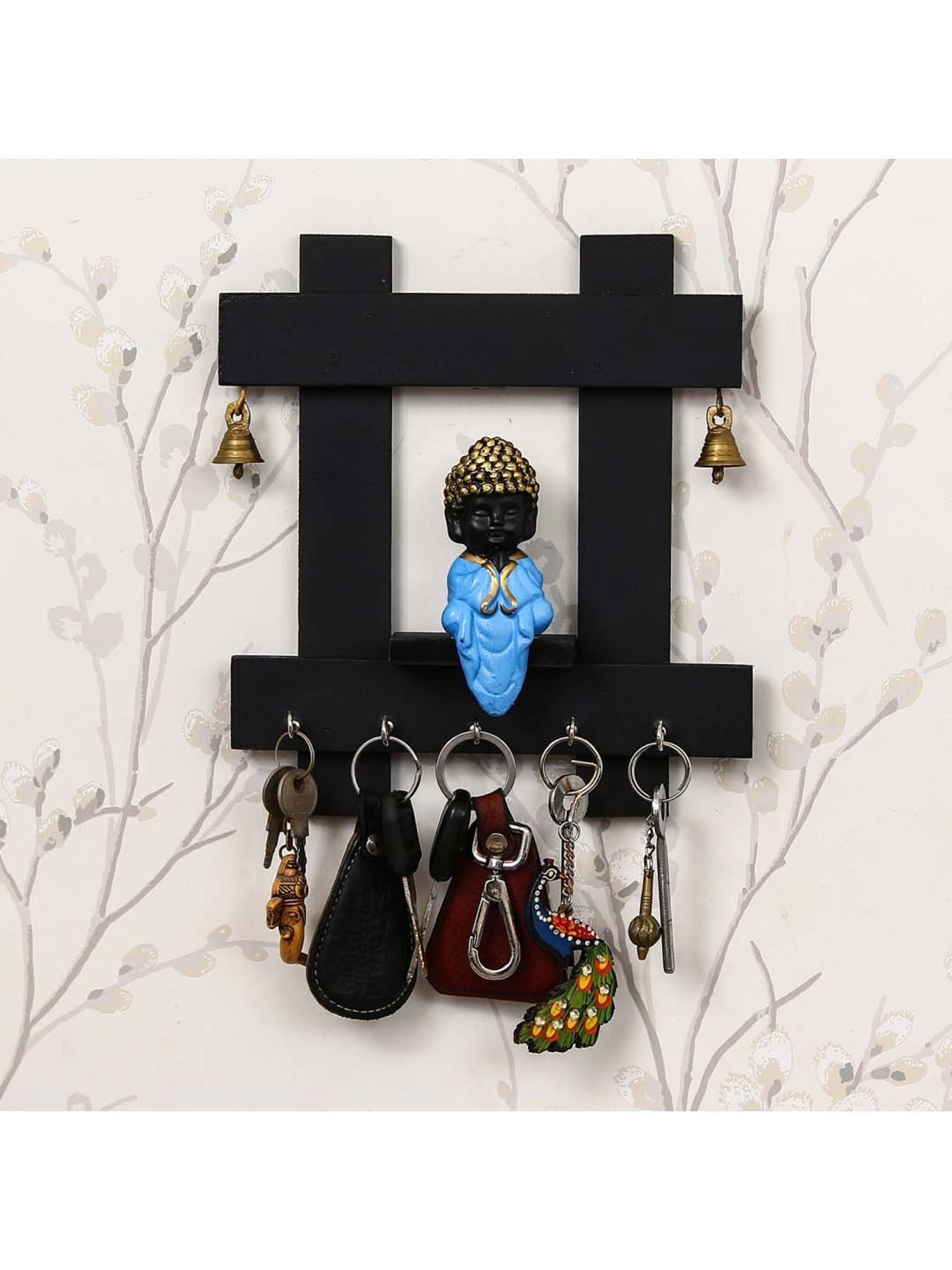 eCraftIndia Peaceful Buddha Sitting Wooden Keyholder with 5 Key Knobs