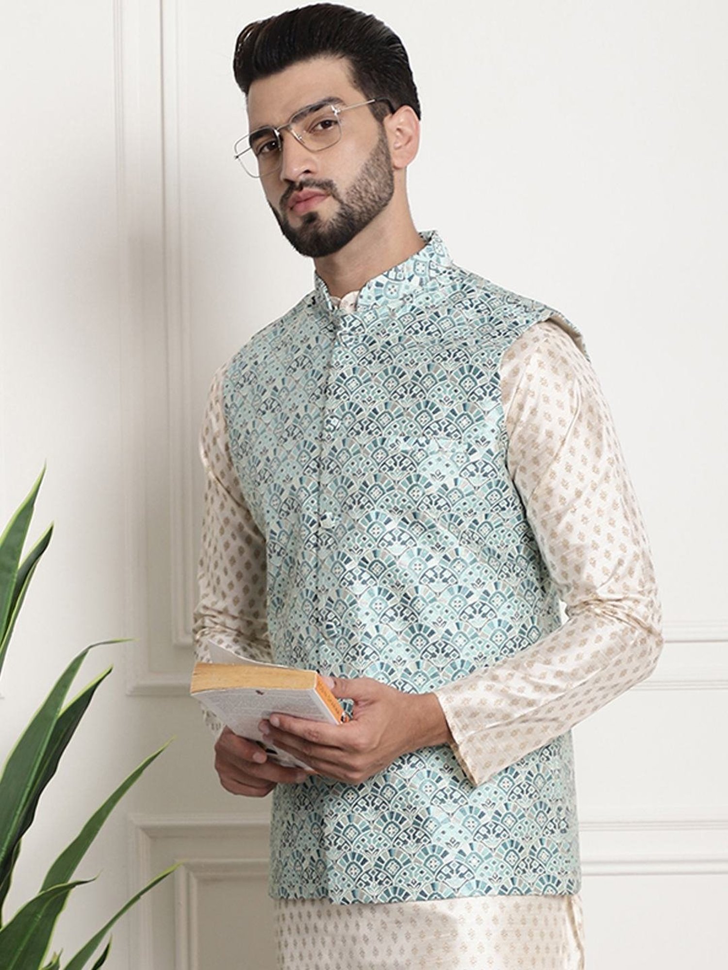 Sojanya Teal Regular Fit Self Pattern Nehru Jacket