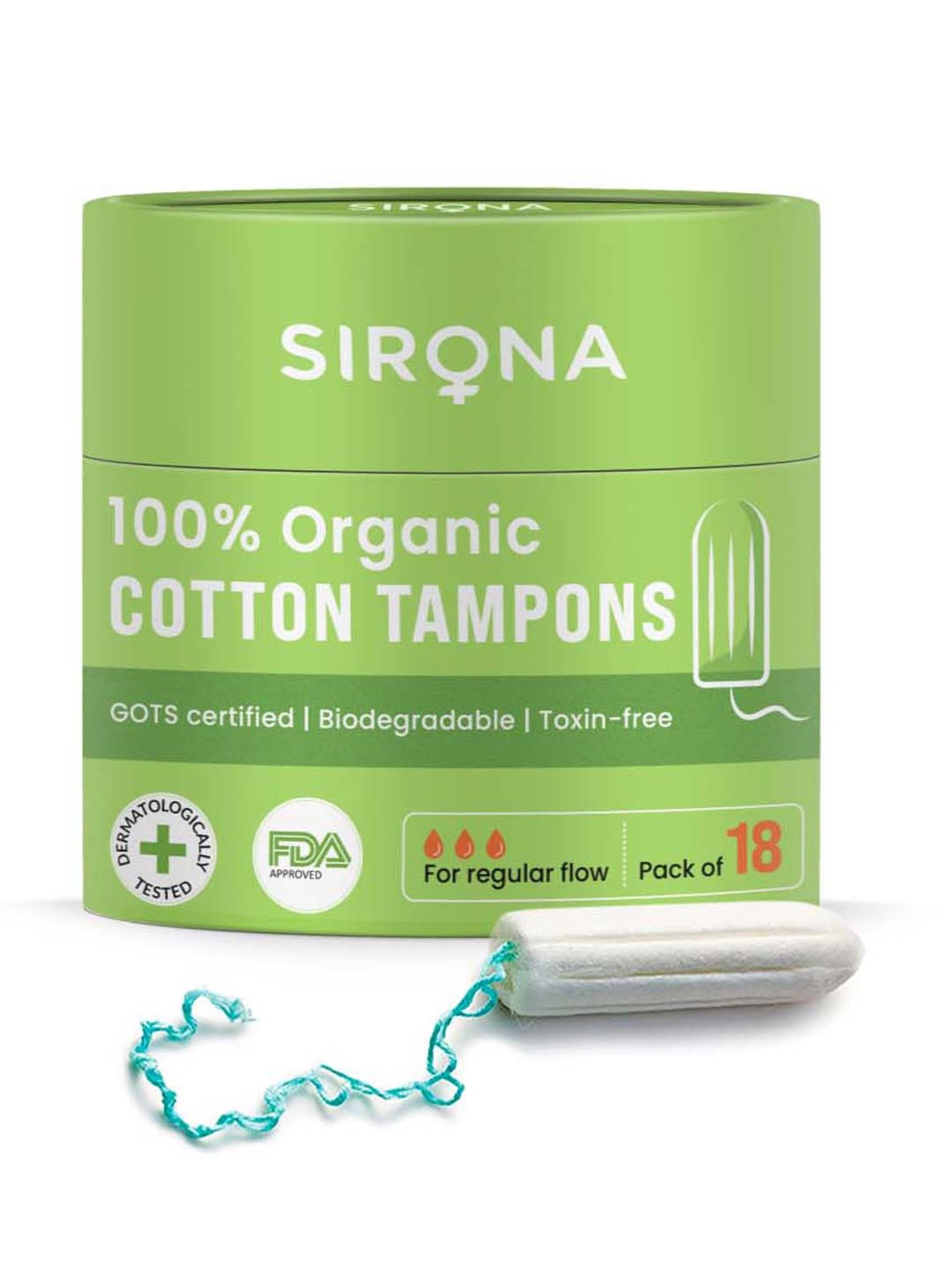 Sirona 100% Organic Cotton Tampons for Regular Flow - 18 Pcs