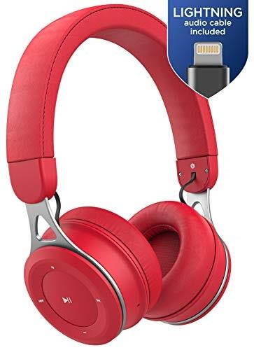 thore on ear wireless earphones for iphone with mic  lightweight bluetooth headphones for kids w/apple mfi certified lightning connector for iphone xr, xs max red, retail packaging
