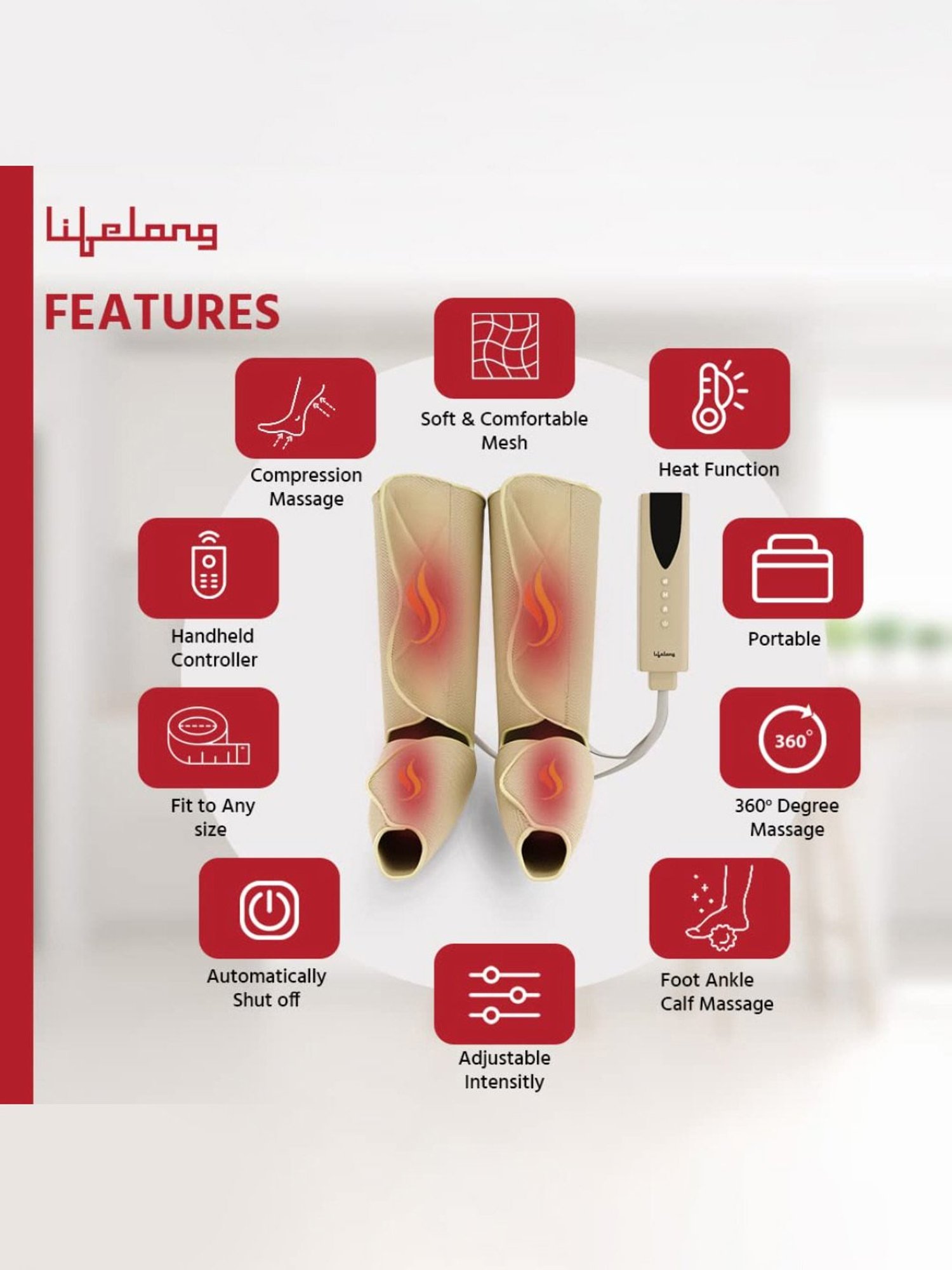 Lifelong LLM531 Rechargeable Air Pressure Massager for Calves with Heat and Vibration (Beige)