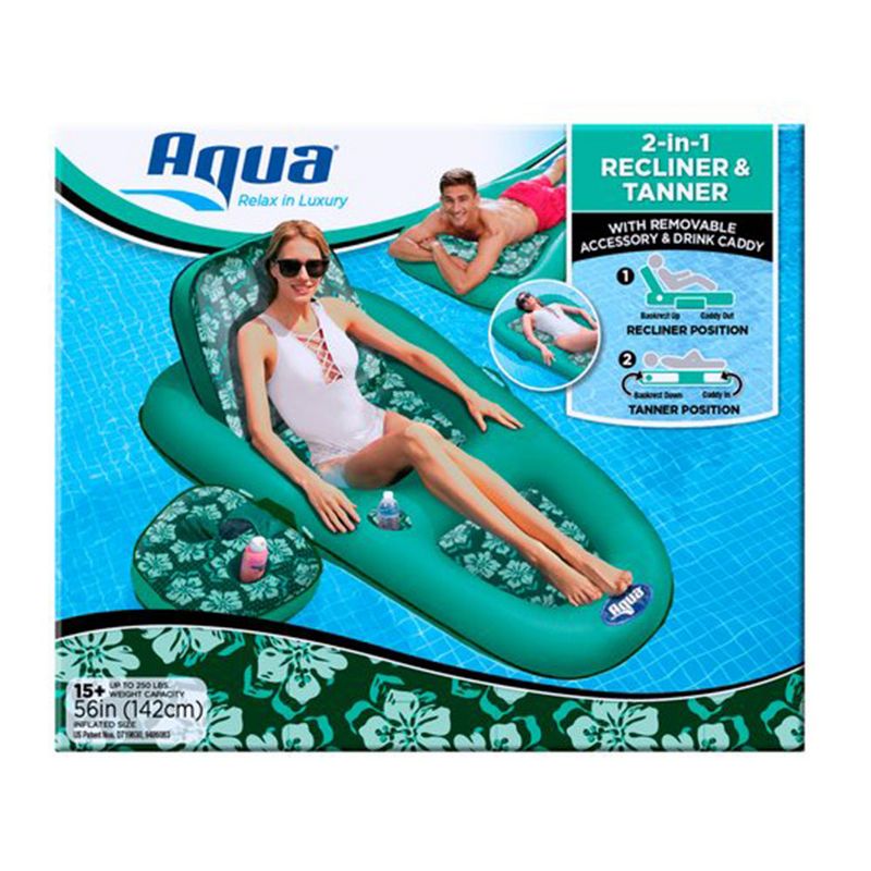 Aqua Leisure Campania 2 in 1 Convertible Lounger Recliner and Luxurious Inflatable Pool Float w/ Beverage Caddy in Multi Floral Print (Teal) (2 Pack)