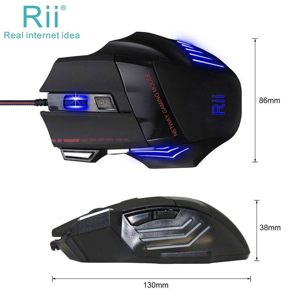 Rii USB Wired Gaming Mouse RM600 5500DPI 7 Buttons Computer Mouse Game Mice