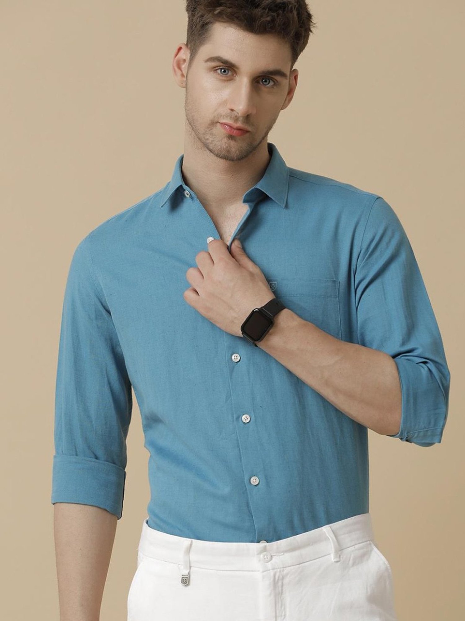Linen Club Blue Linen Contemporary Fit Shirt