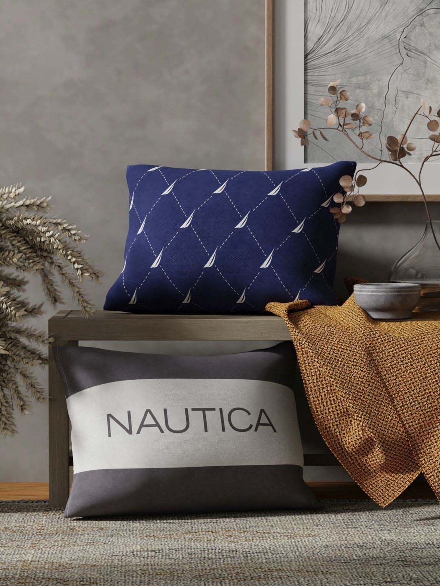 Nautica Logo Stripe Navy & Grey Microfibre 300 GSM Premium Cushion Covers - Set of 2