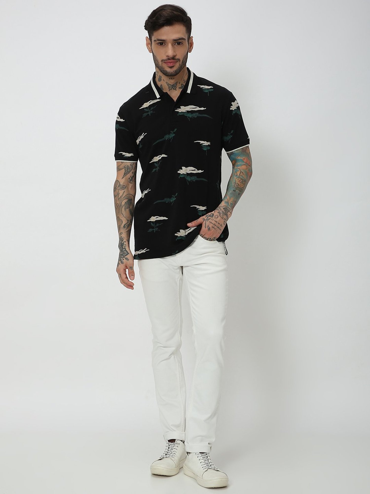 Mufti Black Slim Fit Floral Print Cotton Polo T-Shirt