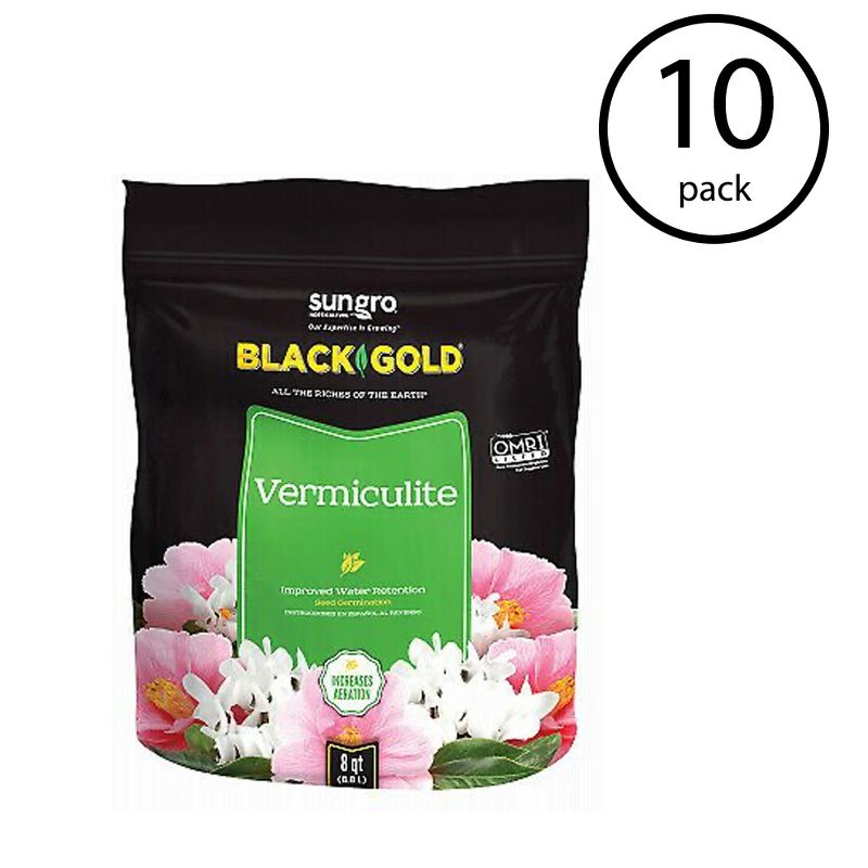 SunGro Black Gold All Purpose Natural and Organic Vermiculite Soil for House Plants, Vegetables, Herbs and More, 8 Quart Bag (10 Pack)