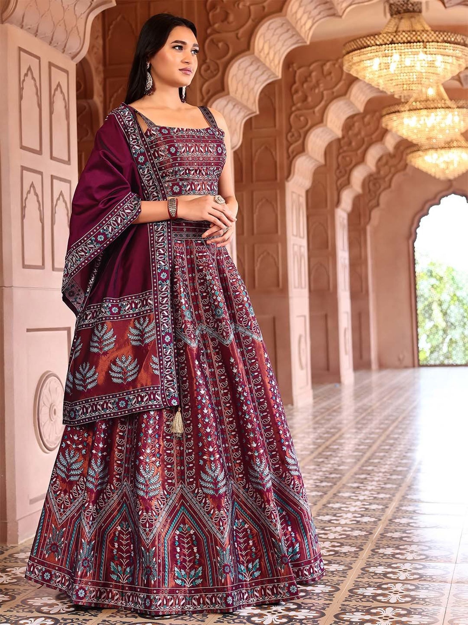 PURVAJA Maroon Woven Lehenga Choli Set With Dupatta