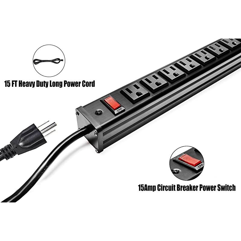 Protector Power Strip 16Outlet ETL Certified Heavy Duty Metal Power Socket with Circuit Breaker and 15 FT Long Cord for Commercial Industrial School and Home Black