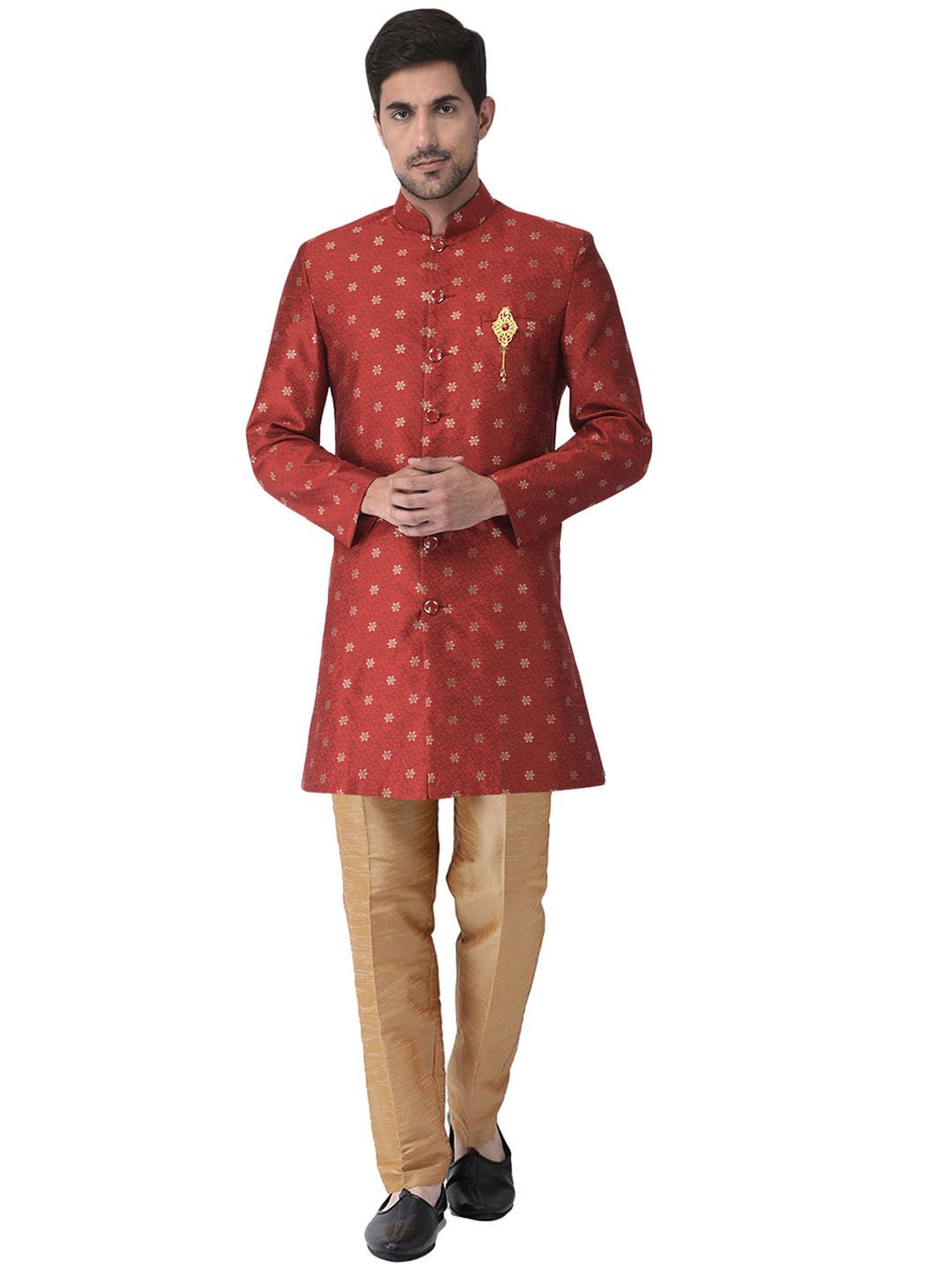SG LEMAN Maroon Regular Fit Printed Sherwani And Pant Set
