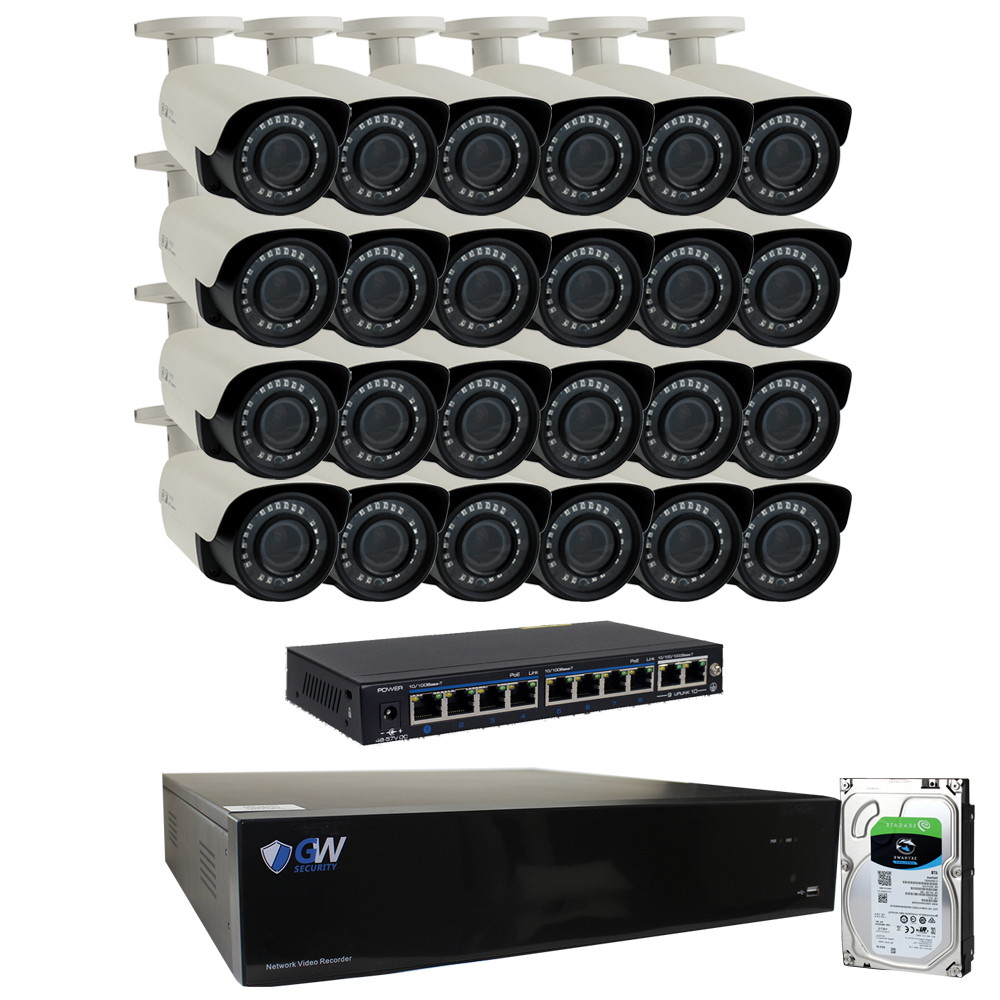 GW Security PoE 32CH H.265 NVR 4K 3840&times;2160 Security Camera System 32 Outdoor 8 Megapixels Motorized 2.8~12mm 4X Optical Zoom Lens Ethernet IP Security Bullet Cameras, Remote Home Monitoring (8TB HDD)
