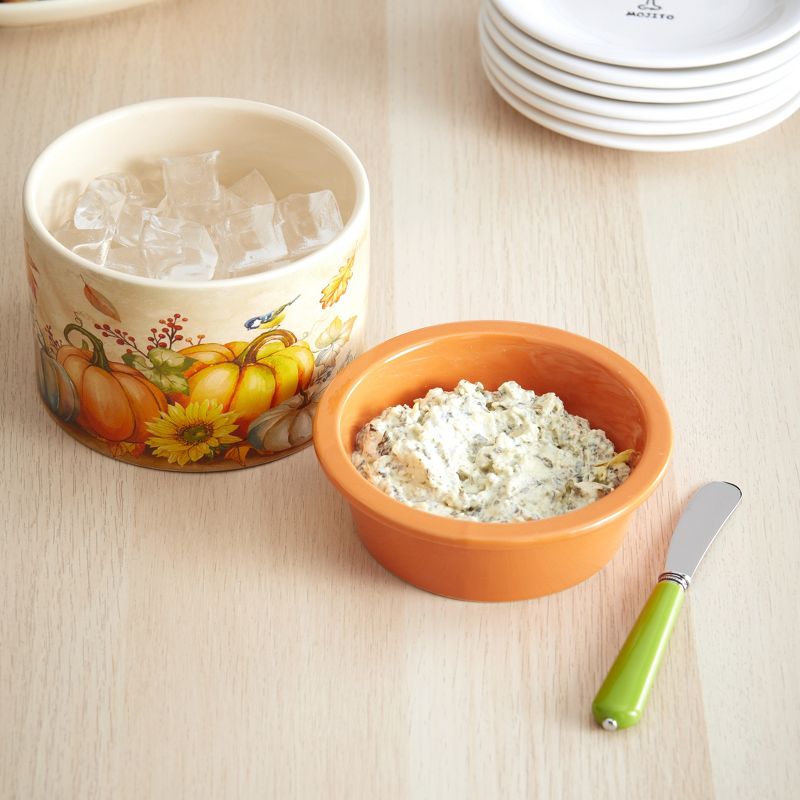 Lakeside Stoneware Dip Chiller Bowl with Fall Pumpkin Harvest Theme for Thanksgiving
