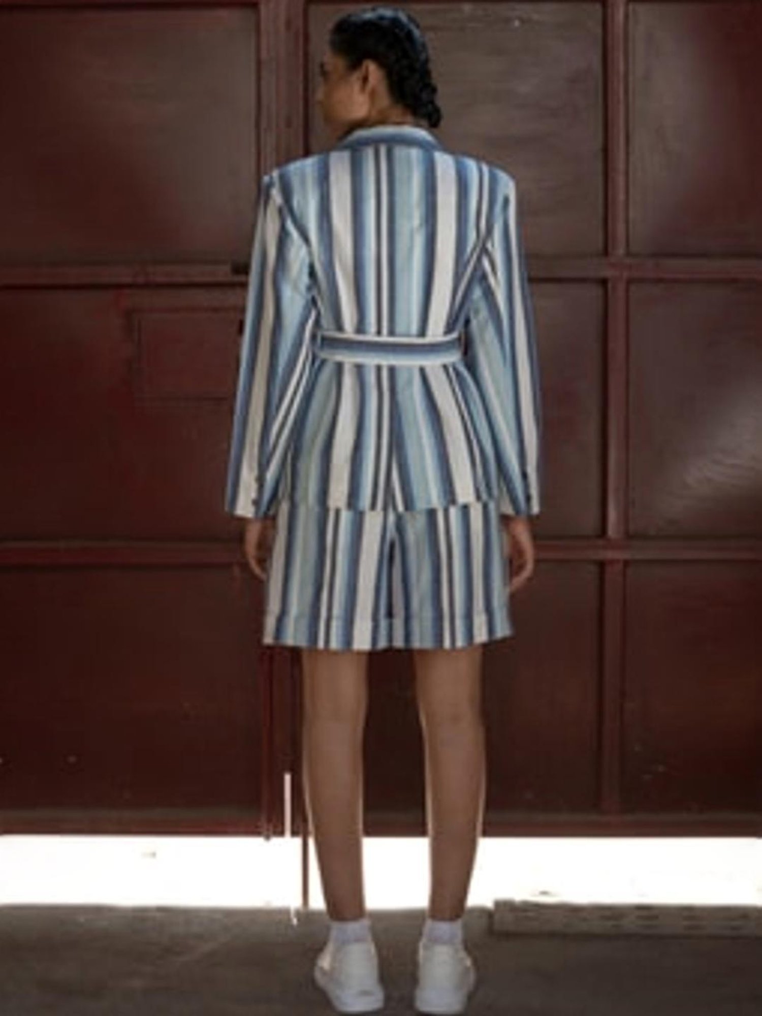 Anushe Pirani Blue & White Fika Belted Blazer