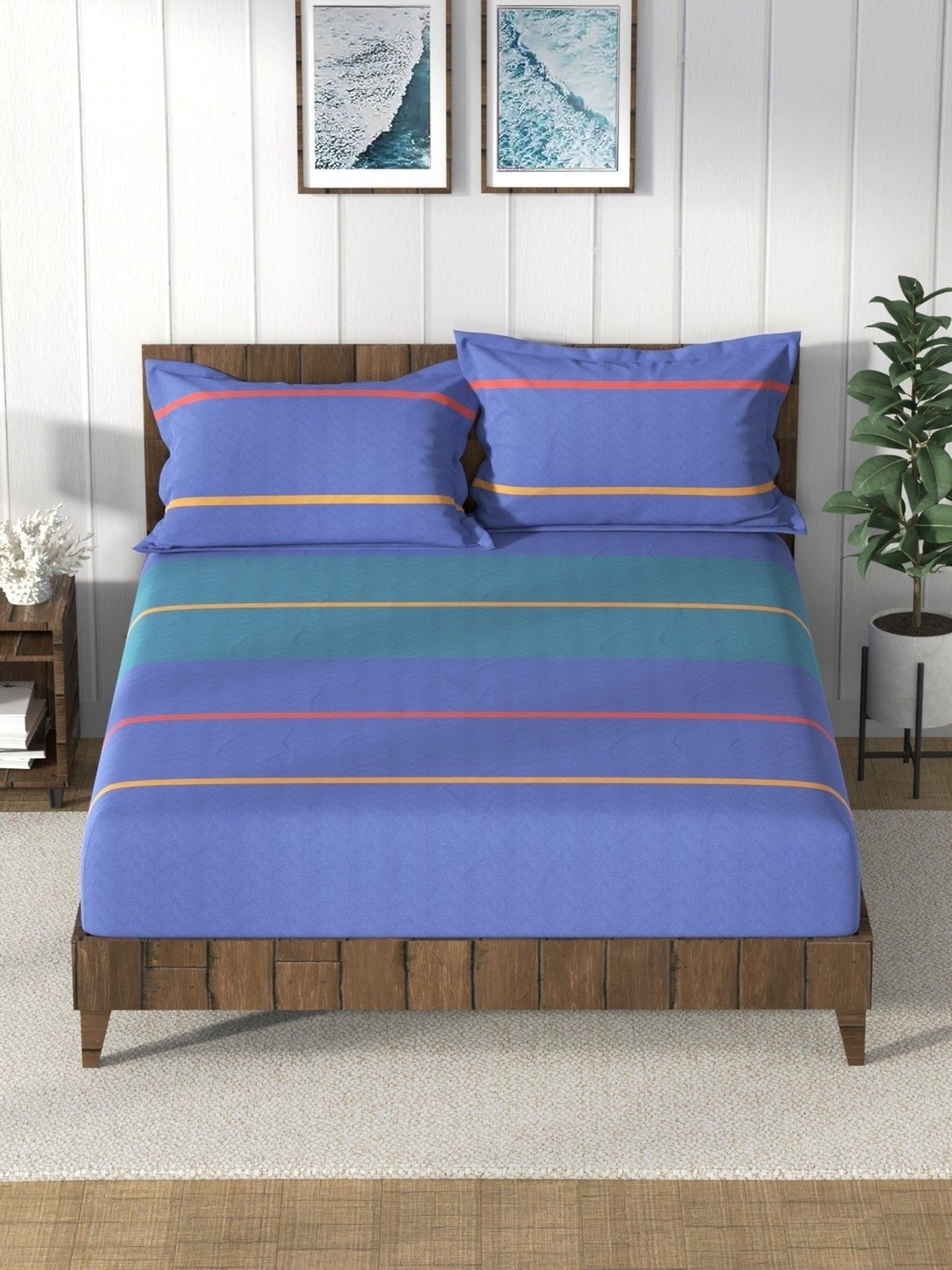Nautica Bristol Stripes Multicolor 150 TC King Bedsheet with 2 Pillow Covers