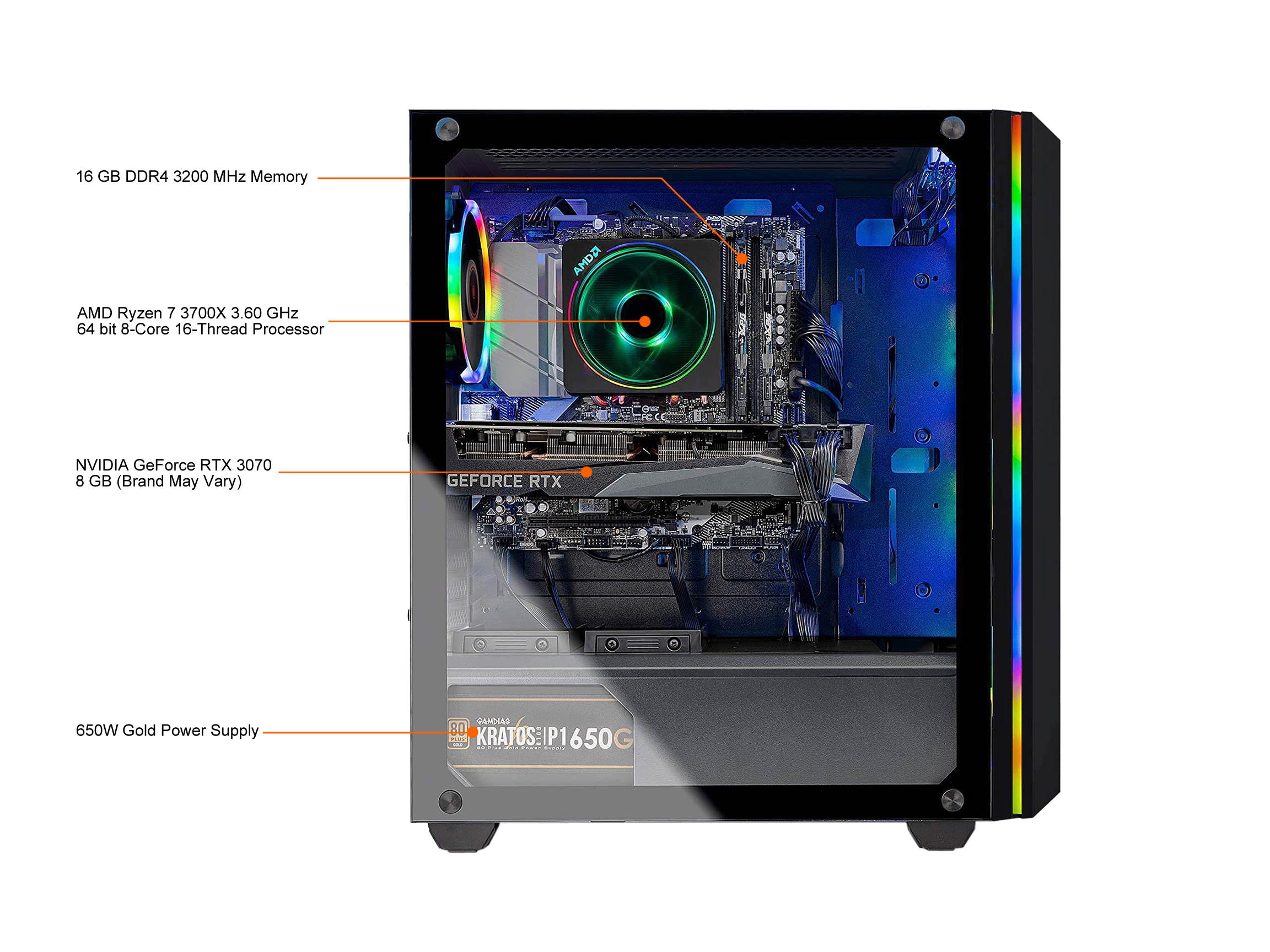Skytech Chronos Gaming PC Desktop - AMD Ryzen 7 3700X 3.60 GHz, RTX 3070 8 GB, 16 GB DDR4 3200, 1 TB NVMe SSD, B550 Motherboard, 650W Gold PSU, Windows 10 Home 64-bit, AC WiFi