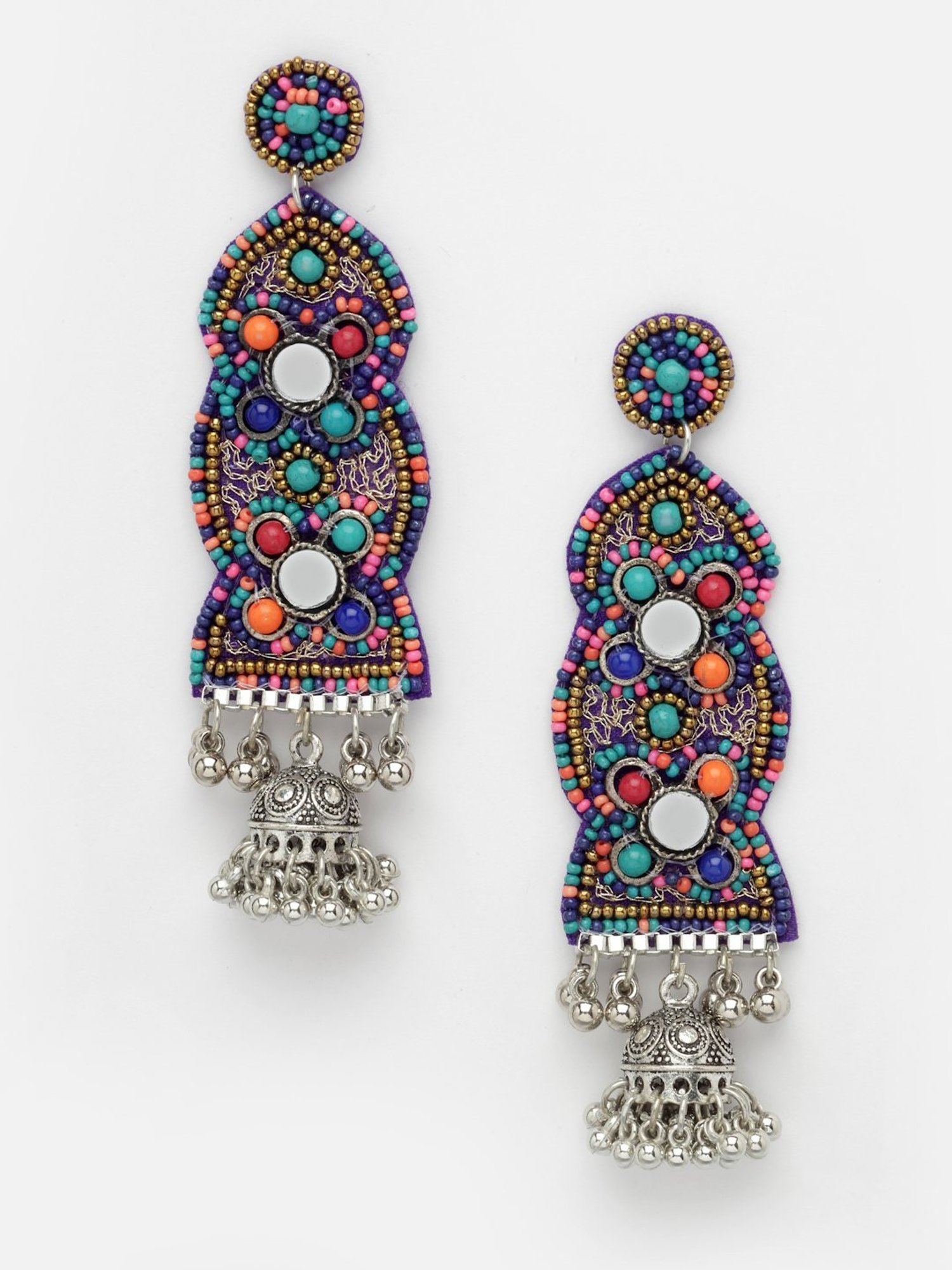 Moedbuille Beads and Mirror Afghan Tribal Design Oxidised Silver Handcrafted Tasselled Earrings