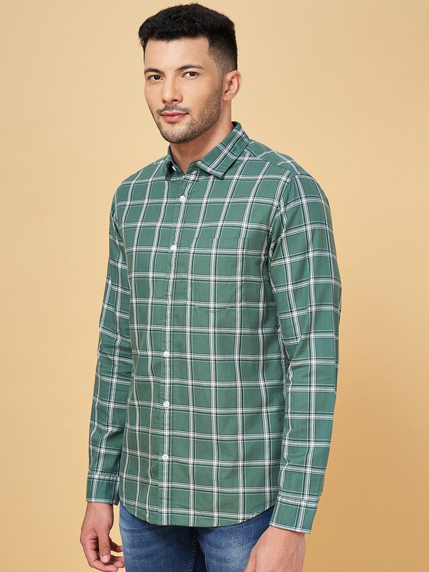 YU by Pantaloons Dark Green Cotton Slim Fit Checks Shirt