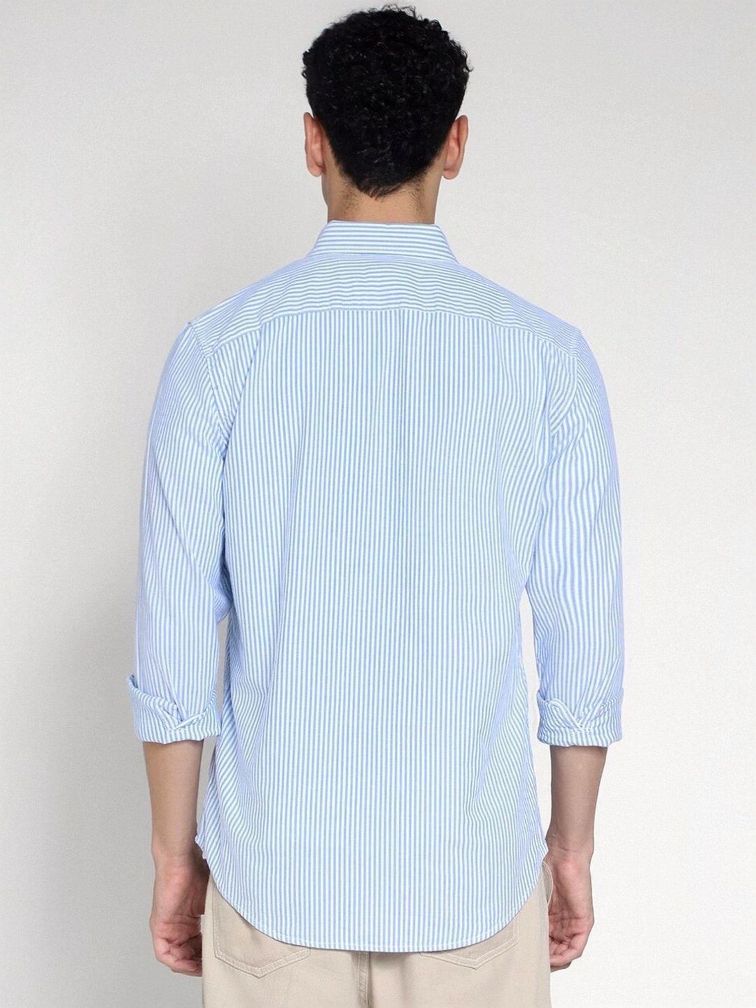 American Eagle Blue Cotton Slim Fit Striped Shirt