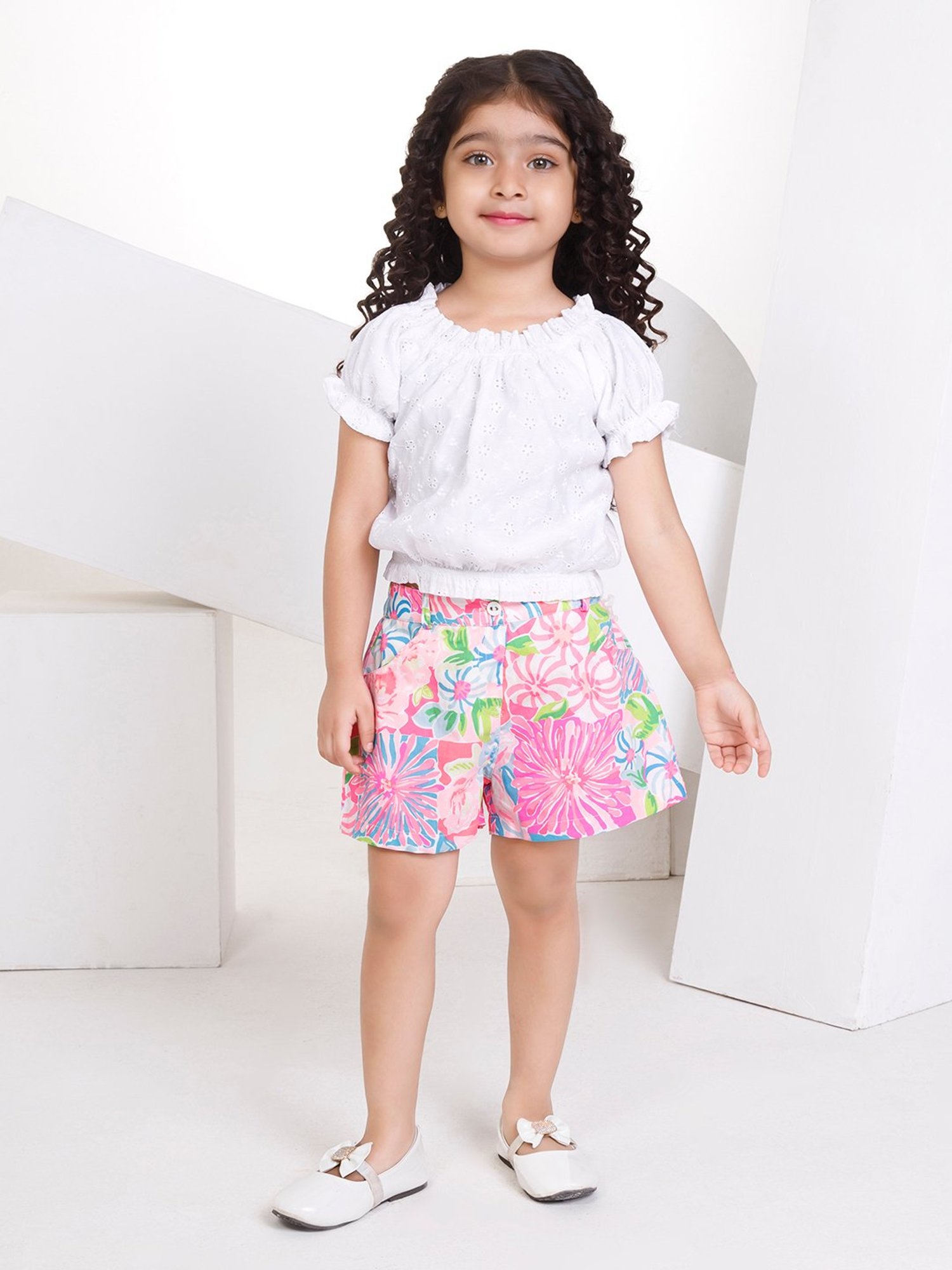 Peppermint Kids White & Pink Self Design Top with Shorts