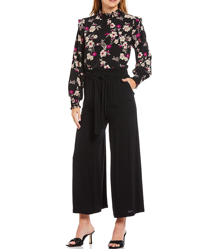 Sanctuary Bold Floral Print Smocked Mock Neck Long Sleeve Popover Top