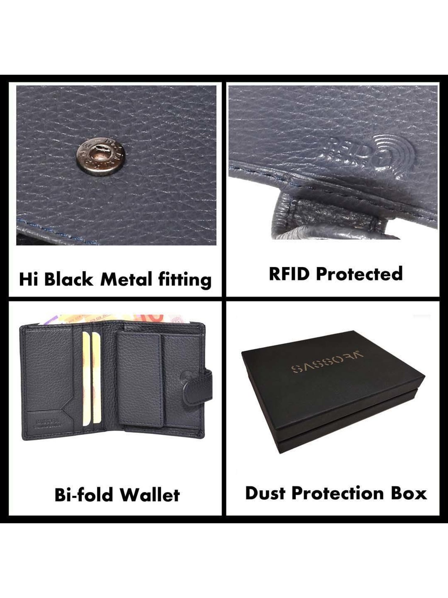 SASSORA Navy Casual Leather Bi-Fold Wallet for Men