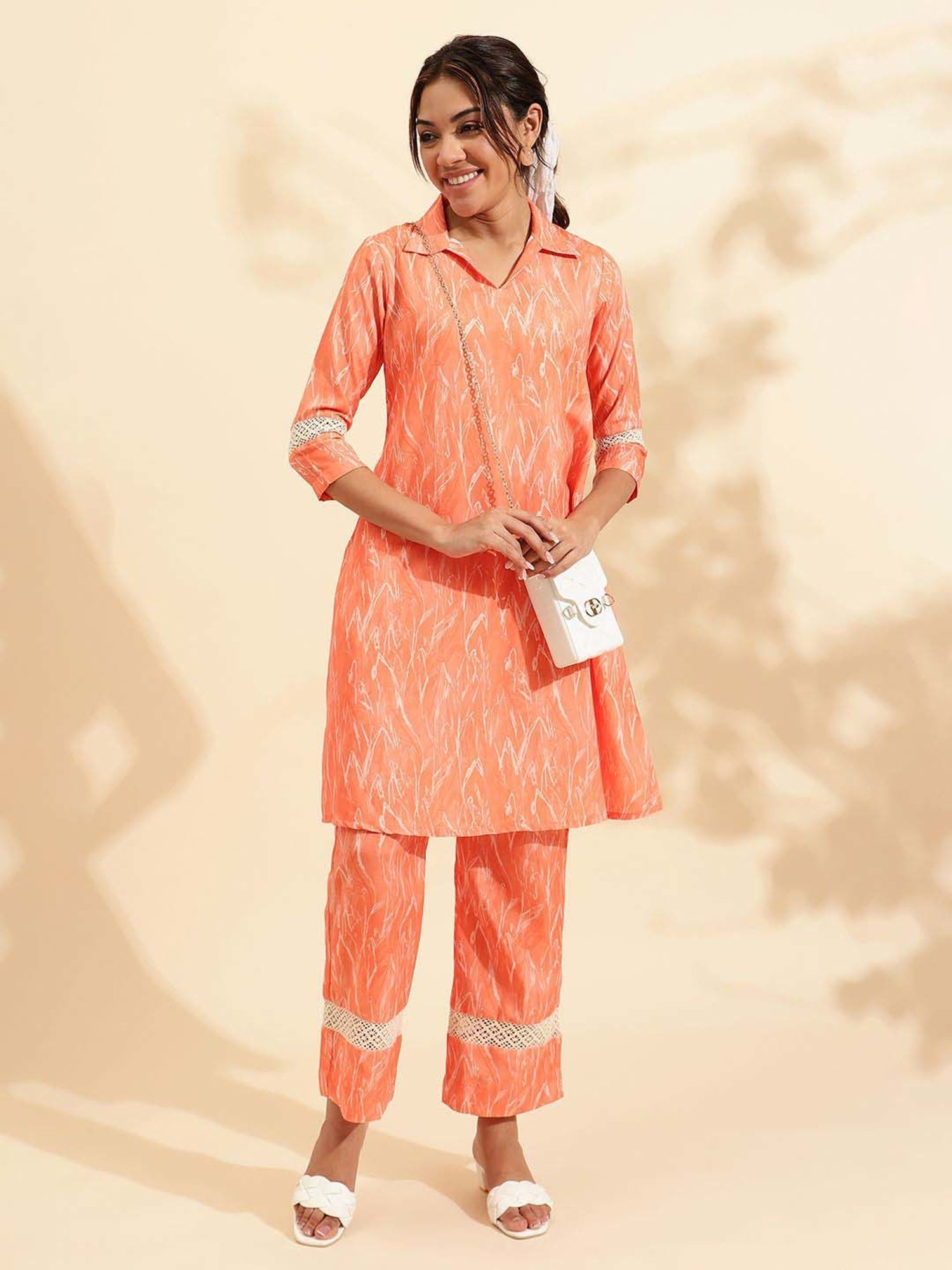 Sringam Peach Printed Co-Ord Sets