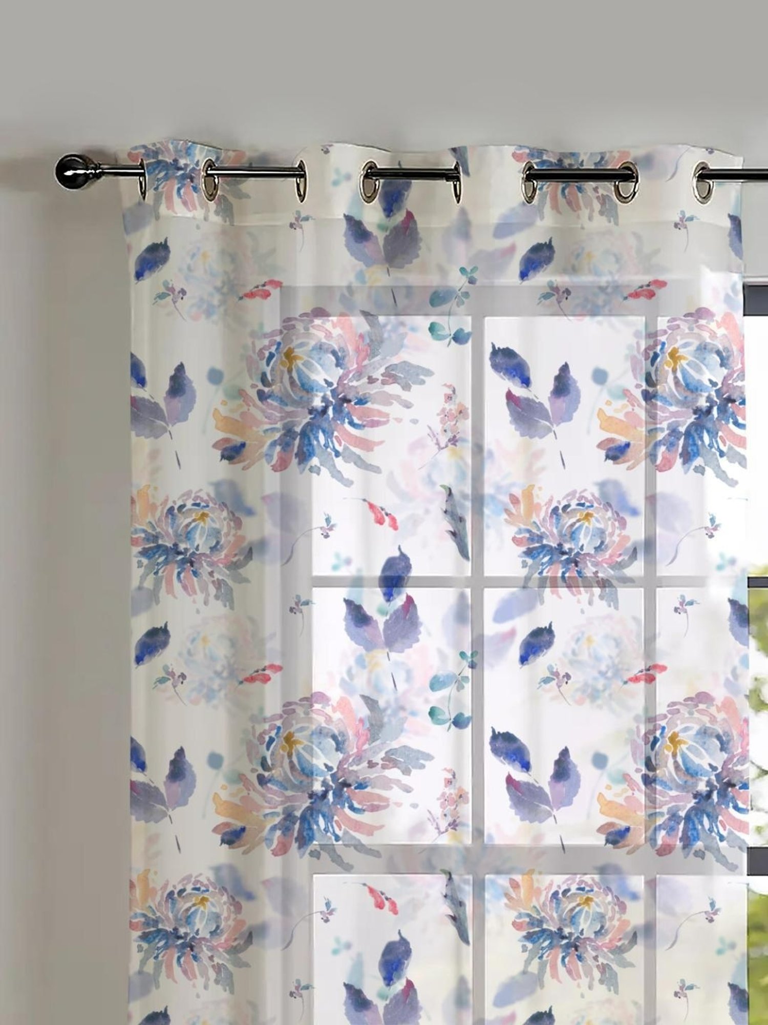 SPACES DRAPE STORY Elegent Floral Blue & White Polyester 5 ft Window Curtains - Set of 2