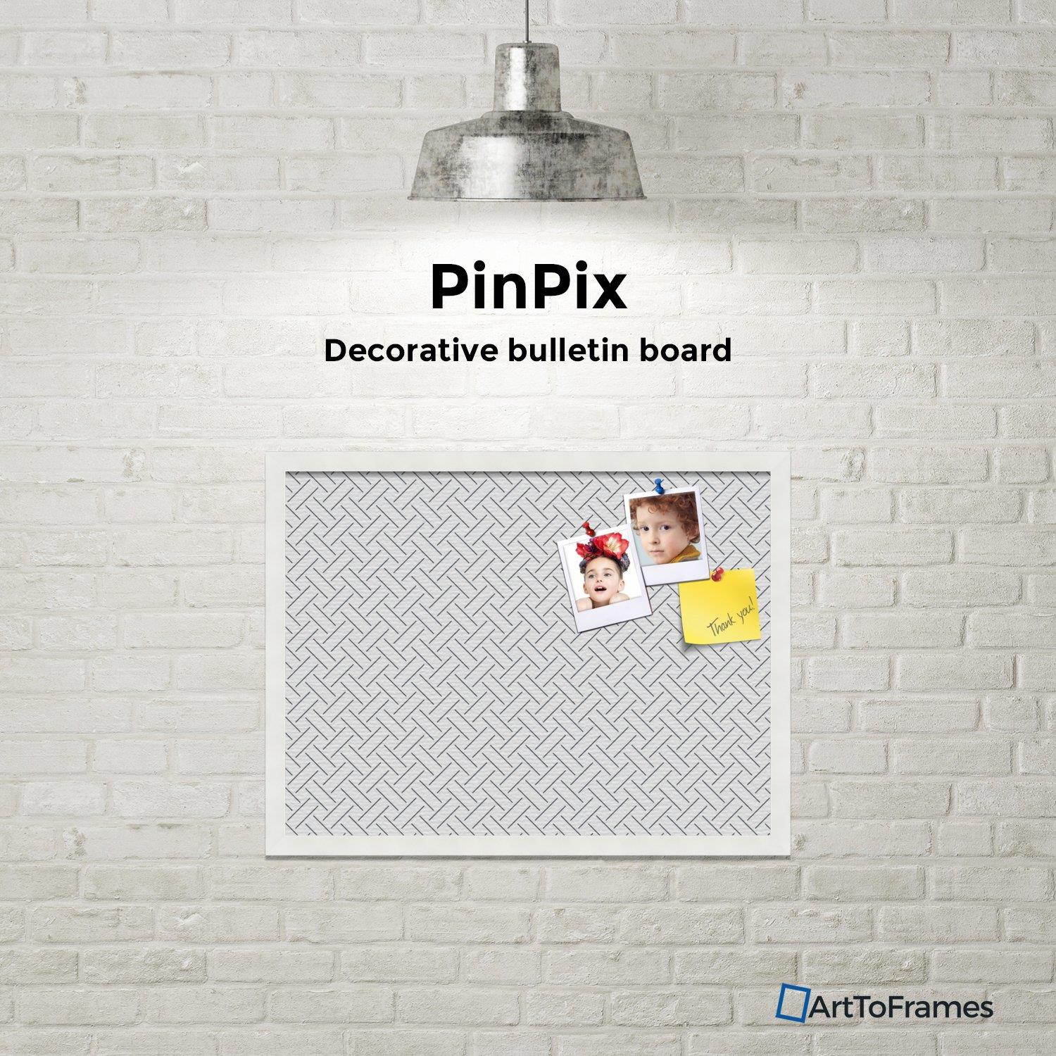PinPix custom printed pin cork bulletin board made from canvas, Lattice White Navy 24x18 Inches (Completed Size) and framed in Satin White Frame (PinPix-Group-91)