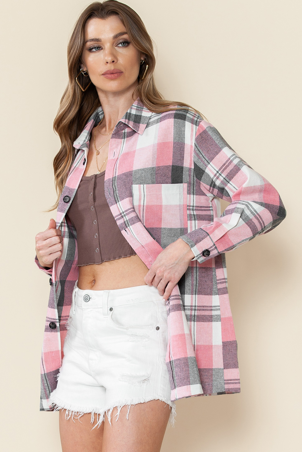 Pink Long Sleeve Collared Button Up Flannel Shacket