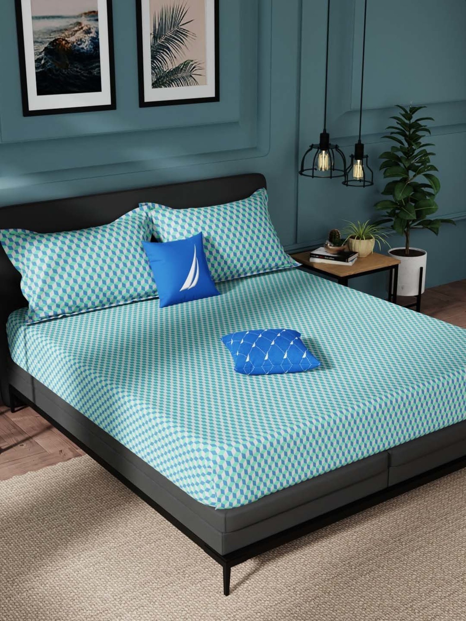 Nautica Northsail Blue & Green 150 TC Cotton King Bedsheet with 2 Pillow Covers