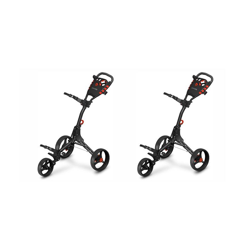SereneLife 2 x SLG3W Heavy Duty Aluminum 3 Wheel Folding Walking Golf Bag Push Cart Holder with Cup Holder and Scorecard Storage, Black/Red (2 Pack)