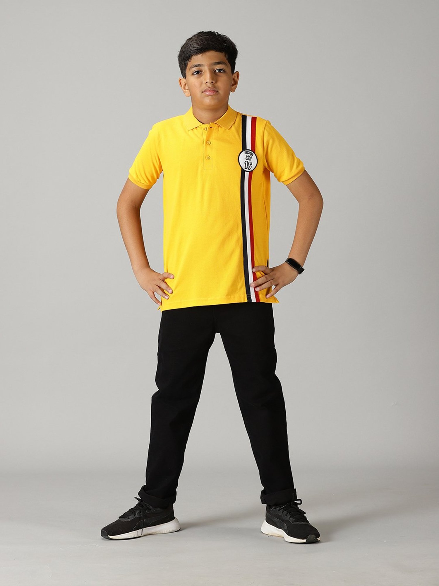 Kiddopanti Kids Yellow & Black Printed Polo T-Shirt with Jeans