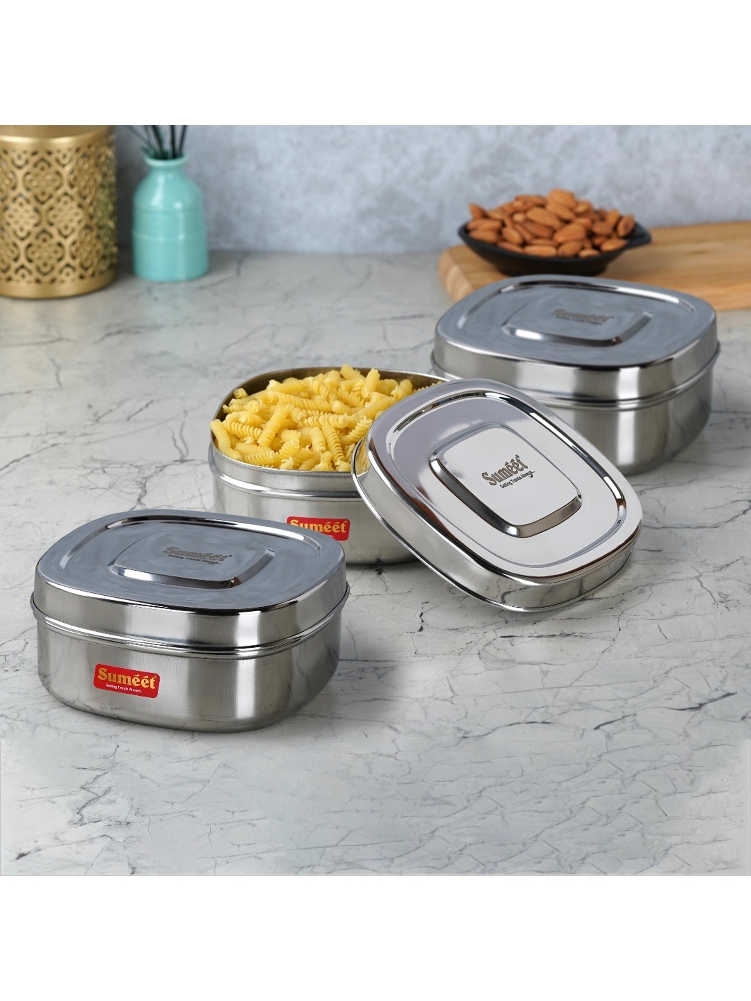 Sumeet S.S. Square Storage containers box/Dabba for Kitchen, Set of 3Pcs, 700ml, 12.5cm Dia, Silver