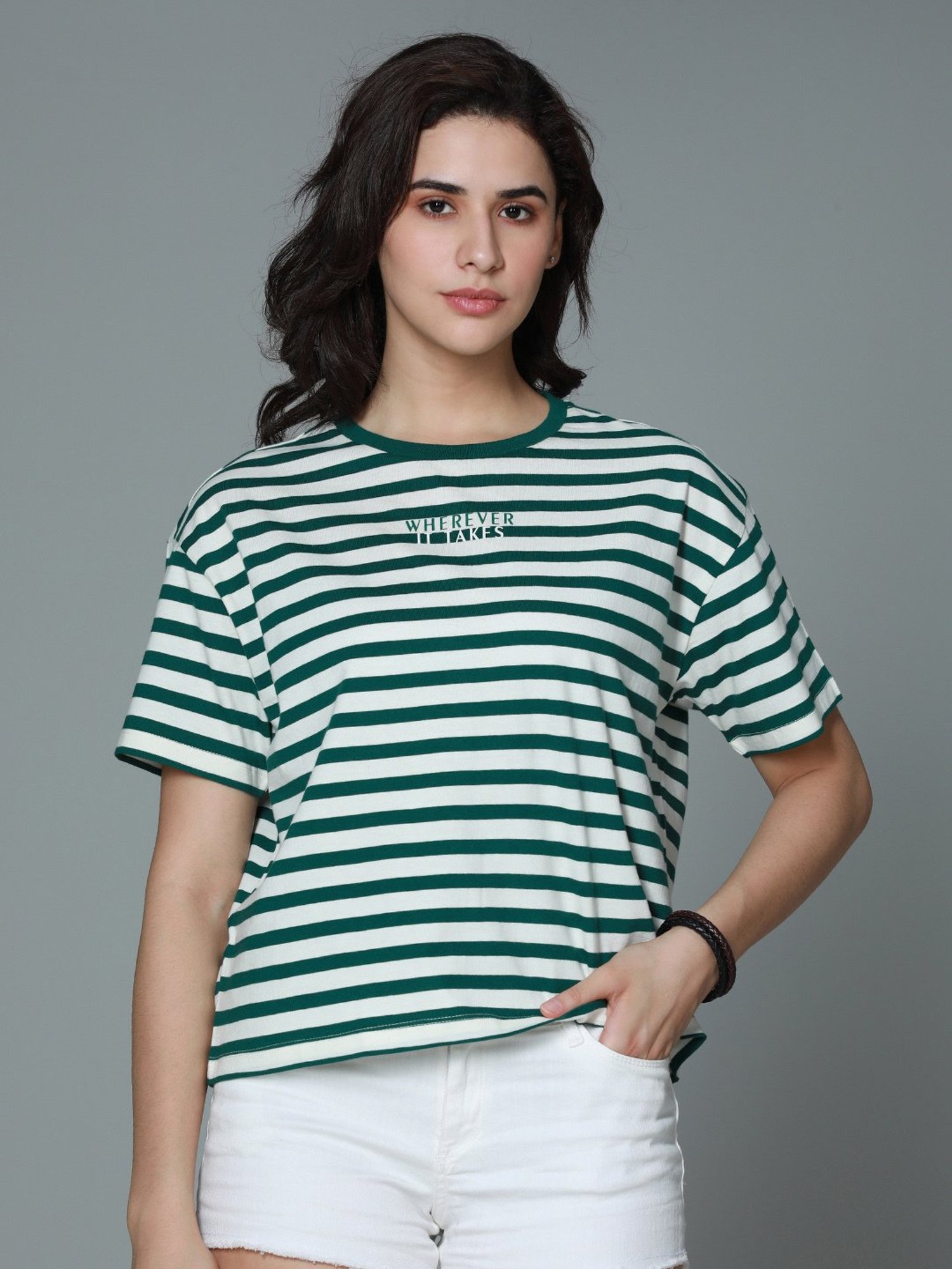 High Star Green & White Cotton Stripes T-Shirt