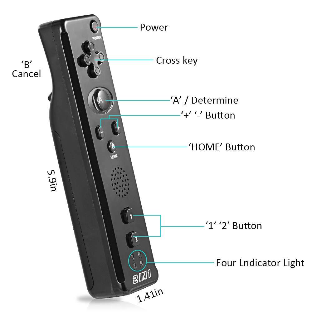 Miadore 2-in-1 Remote w/ Motion Plus - Black, Ergonomic Design, Wrist Strap - Handheld Game Controller for Wii, Wii U Console | Gaming Accessories