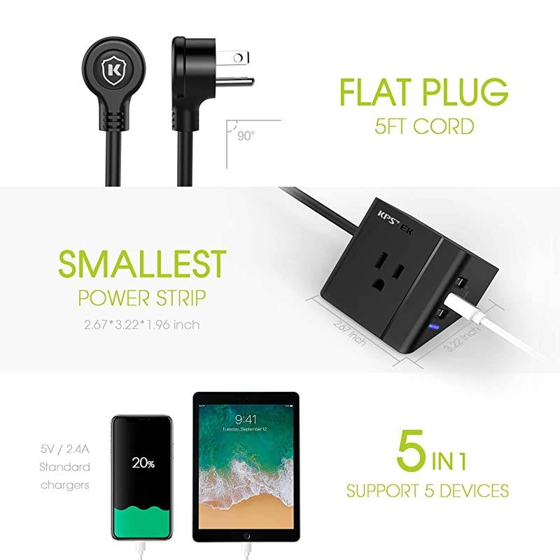 Power Strip Flat Plug with 3 USB 2 Outlet Desktop Charging Station with 5ft Extension Cord for Travel Dorm Room and Office Black KS2312
