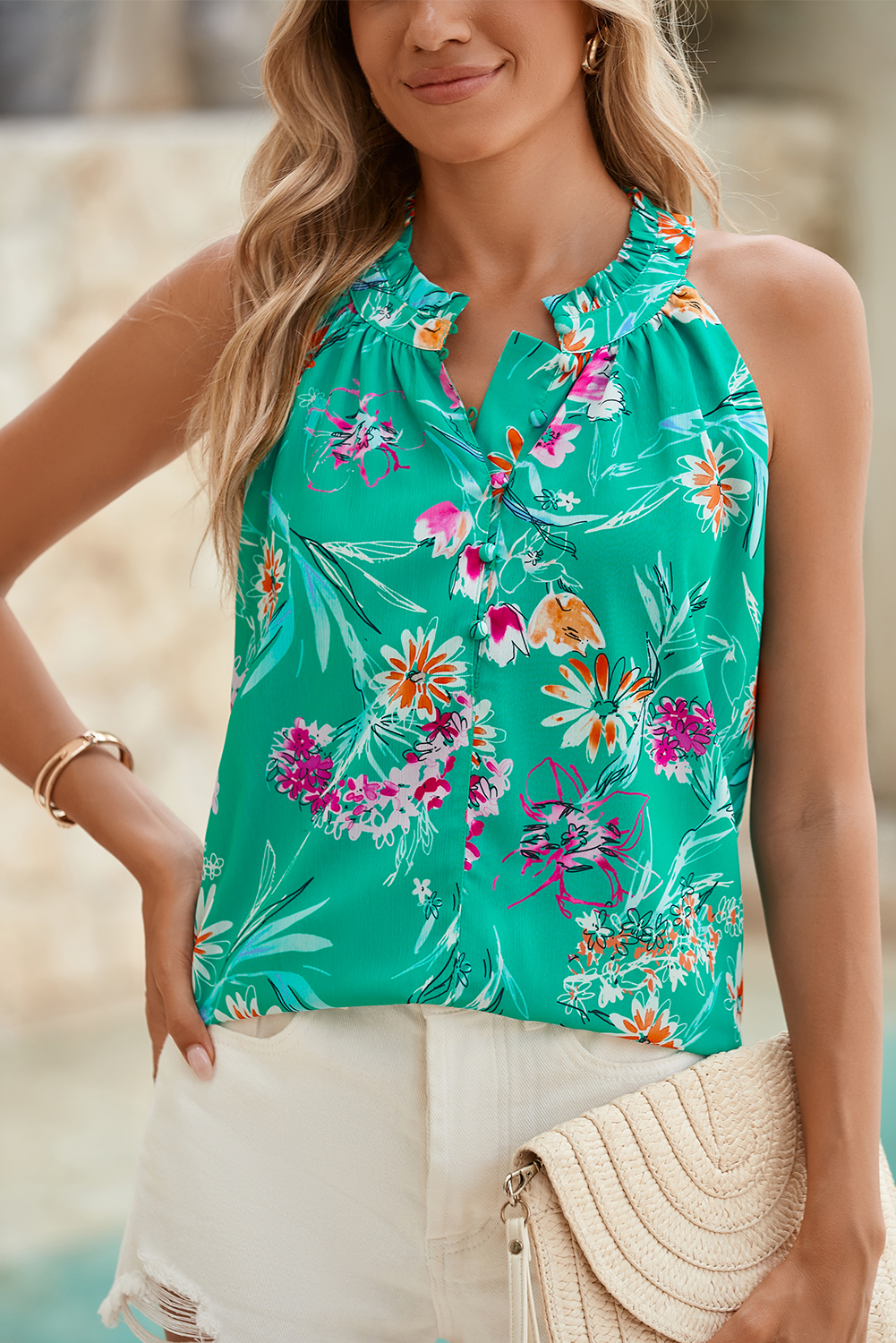 Bright Green Boho Floral Print Button Front Sleeveless Blouse