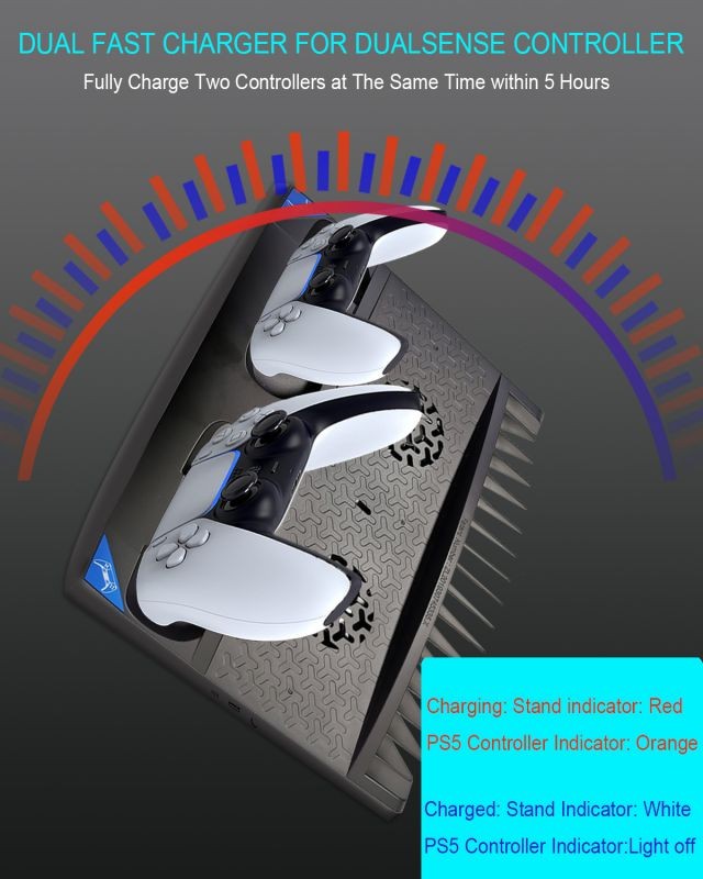 PS5 Vertical Stand with Cooling Fan Station Base & Headset Holder for Playstation 5 Console Disc Edition & Digital Edition with 2 Controllers Charger & 17 Game Disc Slots Organizer &1 Headphone Stand