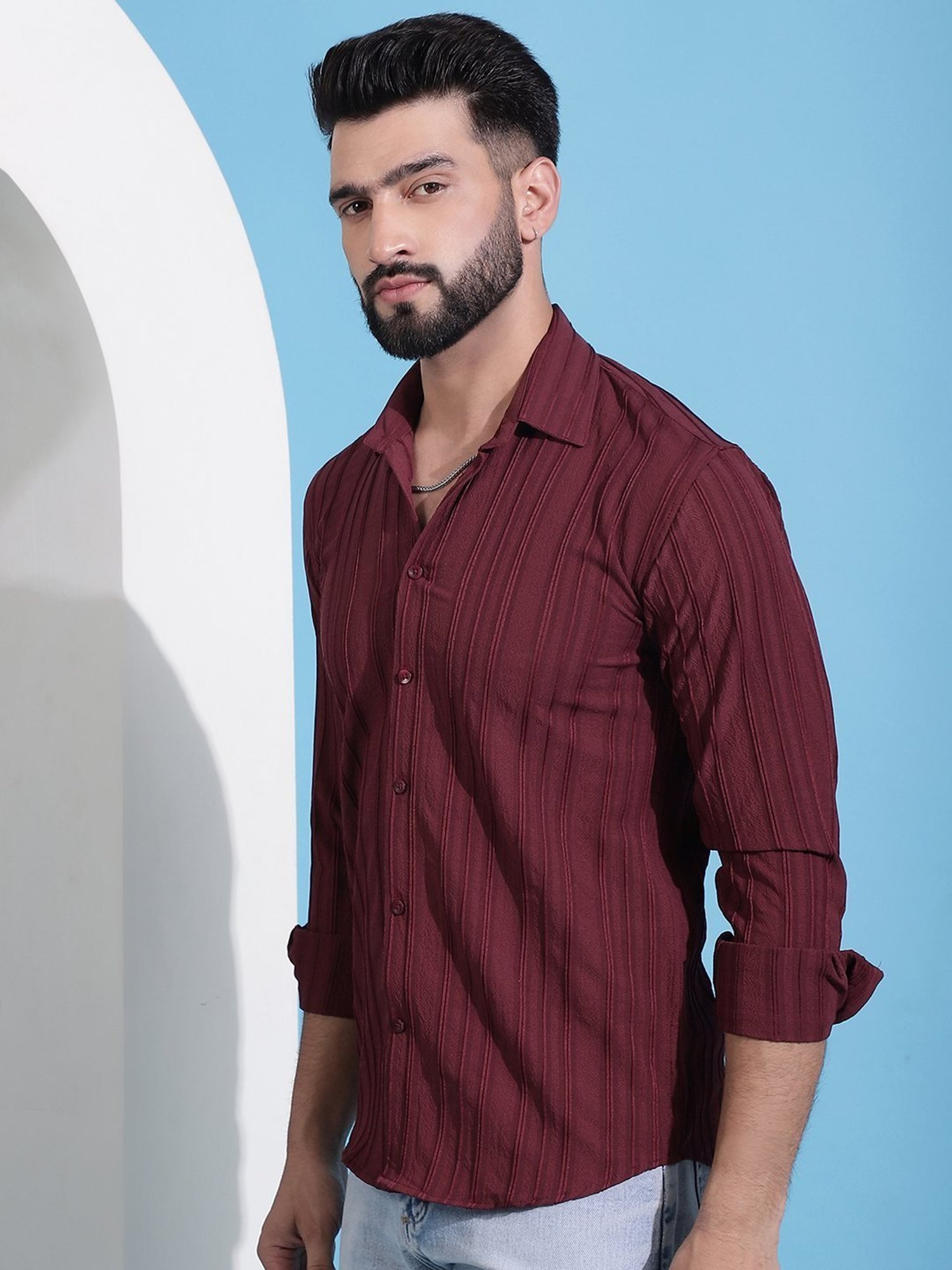 Indian Needle Maroon Regular Fit Striped Shirt