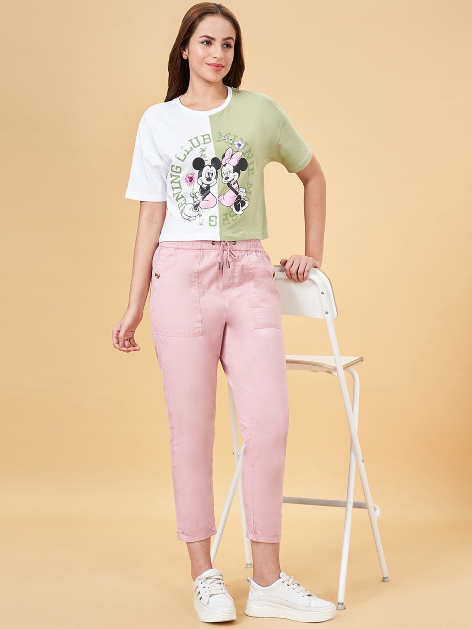 Honey by Pantaloons White & Green Cotton Printed Crop T-Shirt