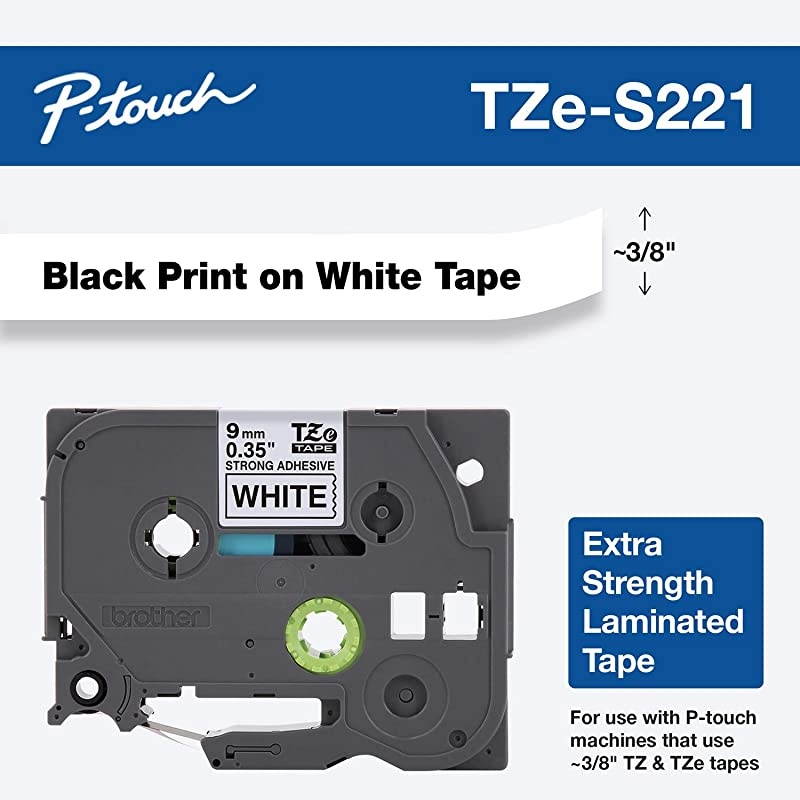 Genuine PTouch TZE221 Tape Extra Strength 9mm 035 Laminated Black on White WaterResistant SinglePack