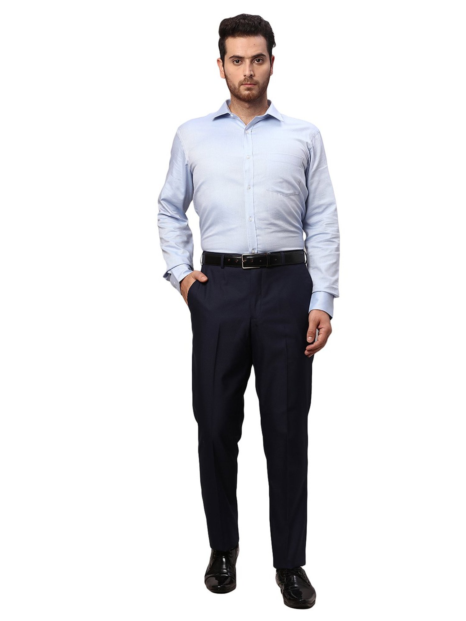 Park Avenue Navy Slim Fit Self Design Flat Front Trousers